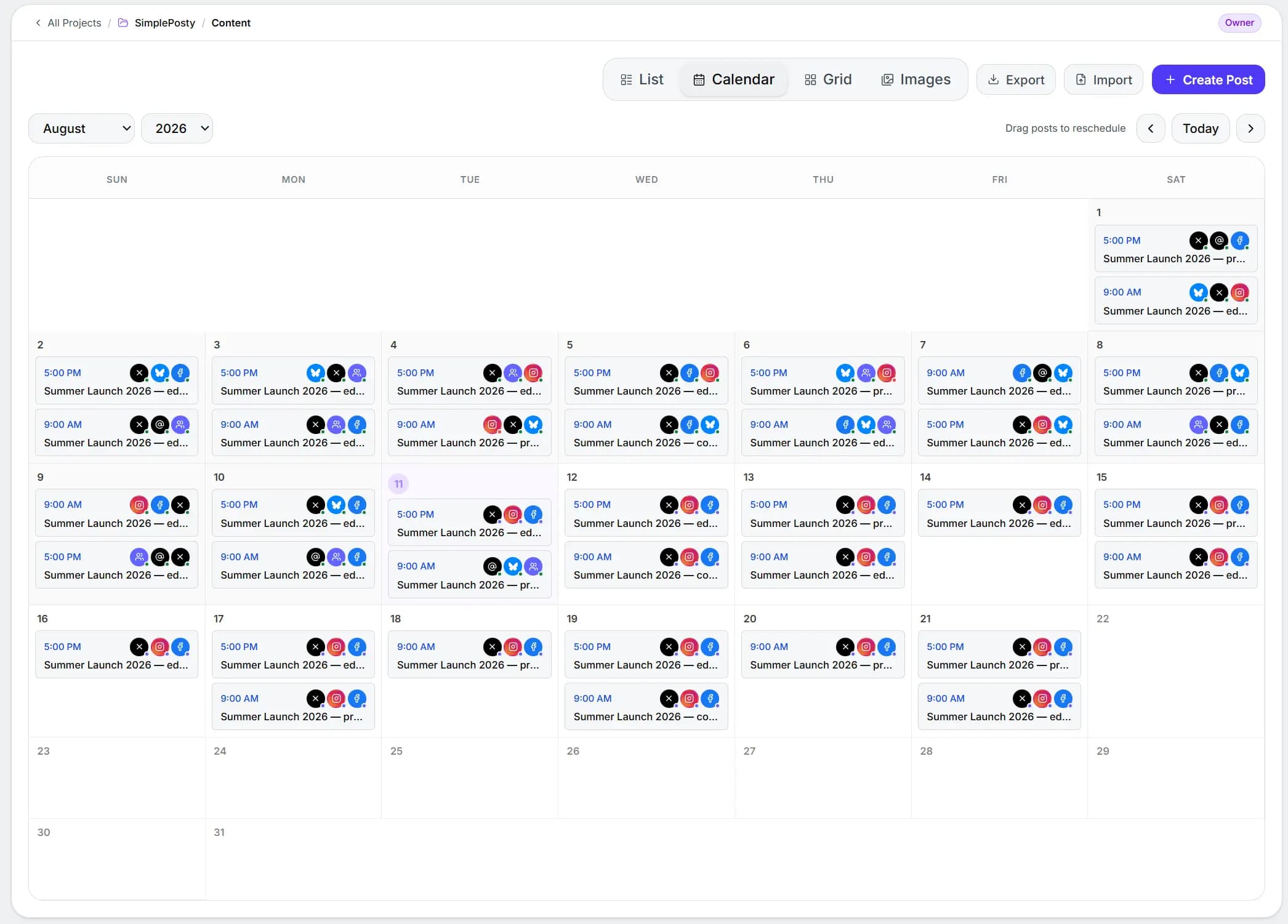 TikTok content calendar in SimplePosty